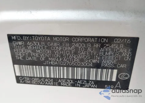 2016 Lexus Is 200T из США, поврежденный, VIN JTHBA1D27G5023004